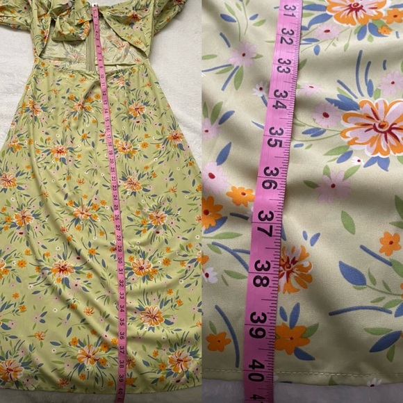 NWT Floral Bowknot Puff Sleeve Cut Out Stomach Midi Dress - Picture 5 of 11